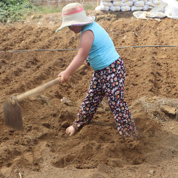A person sowing soil with a hoe.