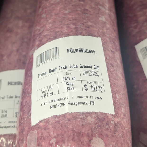 A tube of ground beef with a grocery store price label on it: 4.342kg at $23.89/kg for a total of $103.73.