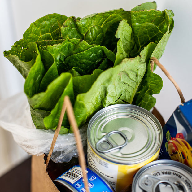 Vegetables and canned goods in a shopping bag.